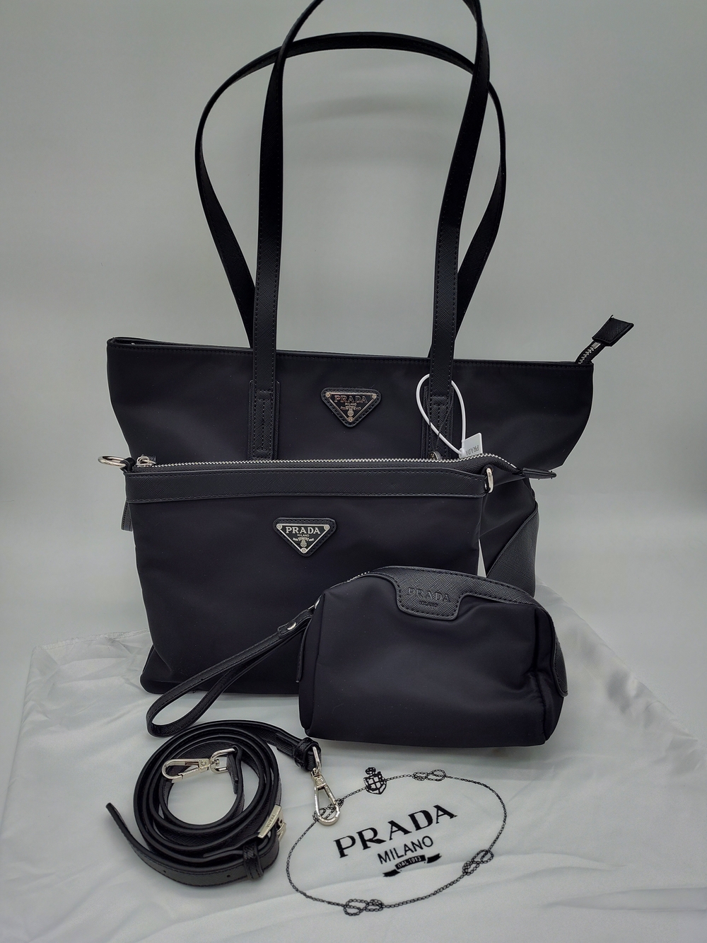 PRADA Black Nylon 3 Piece Tote Crossbody Pouch GWP Set Strap Dust Bag NWT